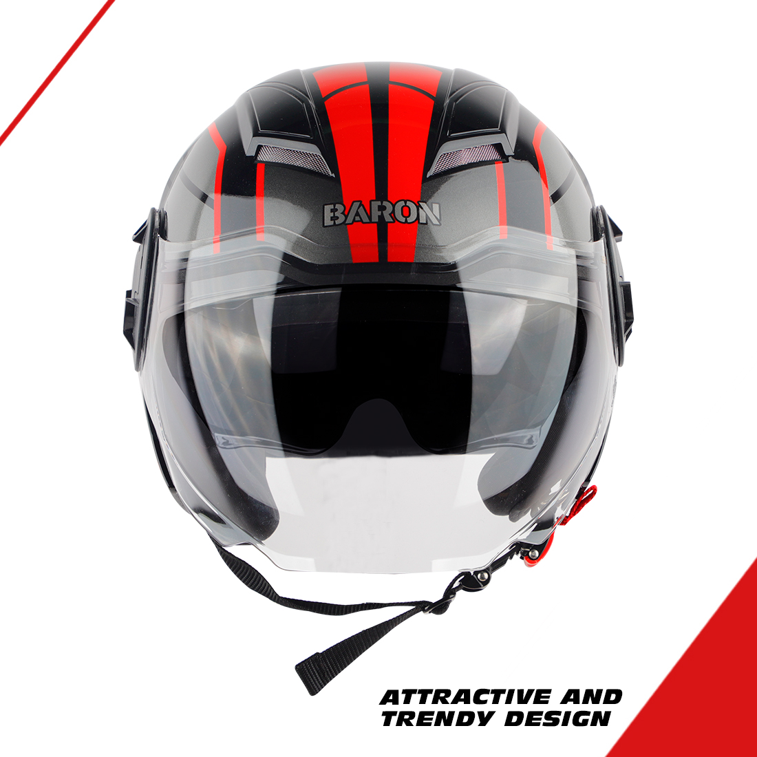 Steelbird SBH-31 Baron 24 ISI Certified Open Face Helmet For Men And Women With Inner Sun Shield(Dual Visor Mechanism) (Glossy Black Red)